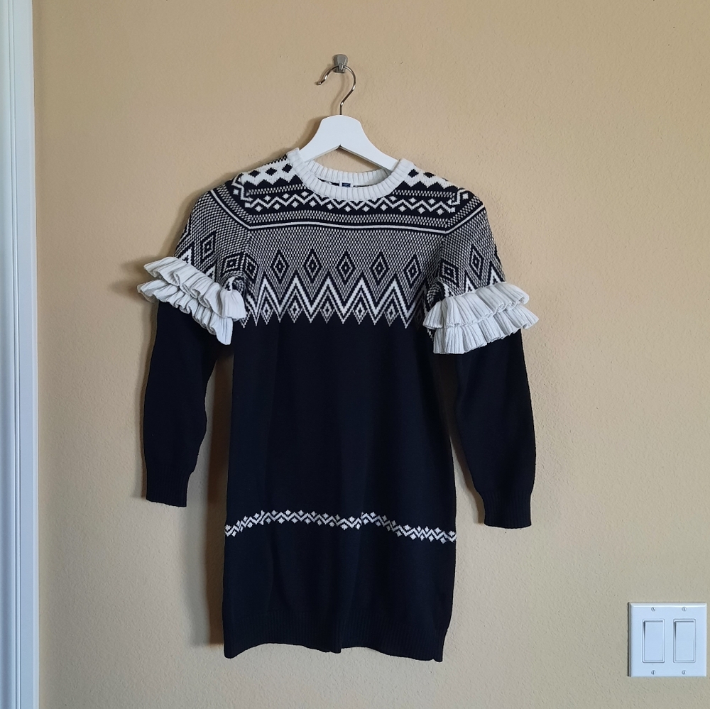 Janie and Jack Black and White Knit Sweater Dress Ruffle Fair Isle Cozy